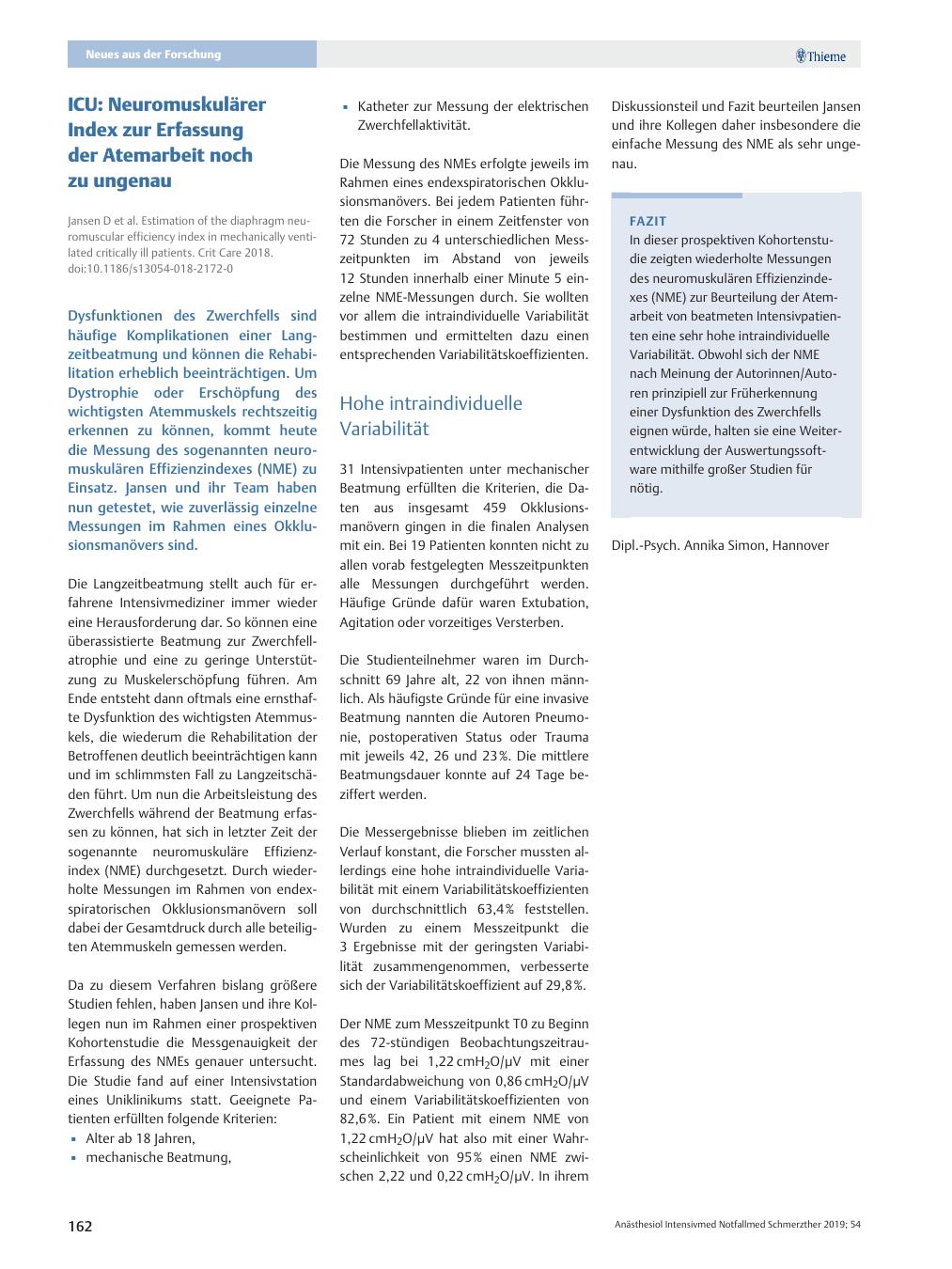 Vorschauseite 1: ICU: Neuromuskulärer Index zur Erfassung der Atemarbeit noch zu ungenau