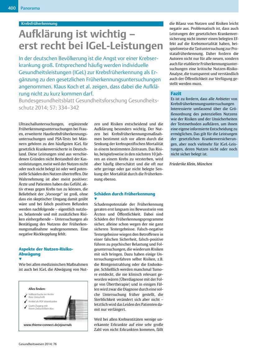 Vorschauseite 1: Aufklärung ist wichtig ? erst recht bei IGeL-Leistungen