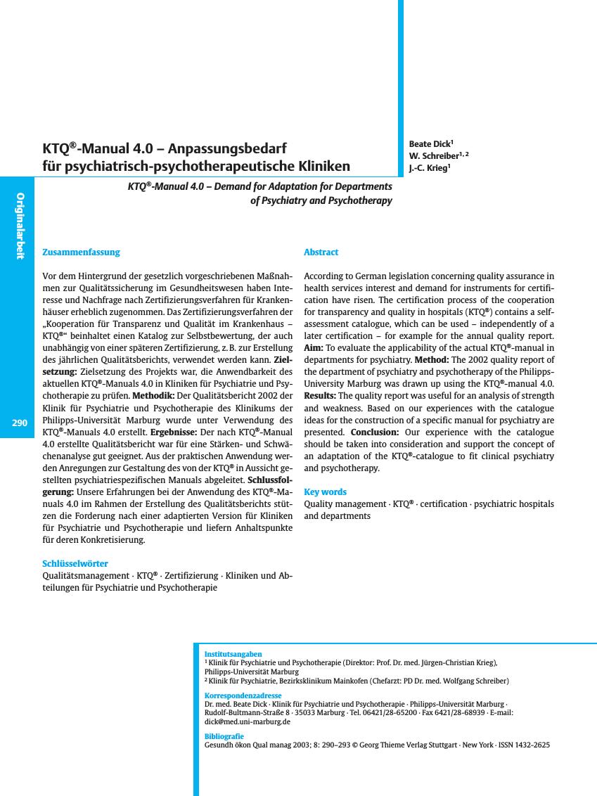 Vorschauseite 1: KTQ®-Manual 4. 0 - Anpassungsbedarf für psychiatrisch-psychotherapeutische Kliniken