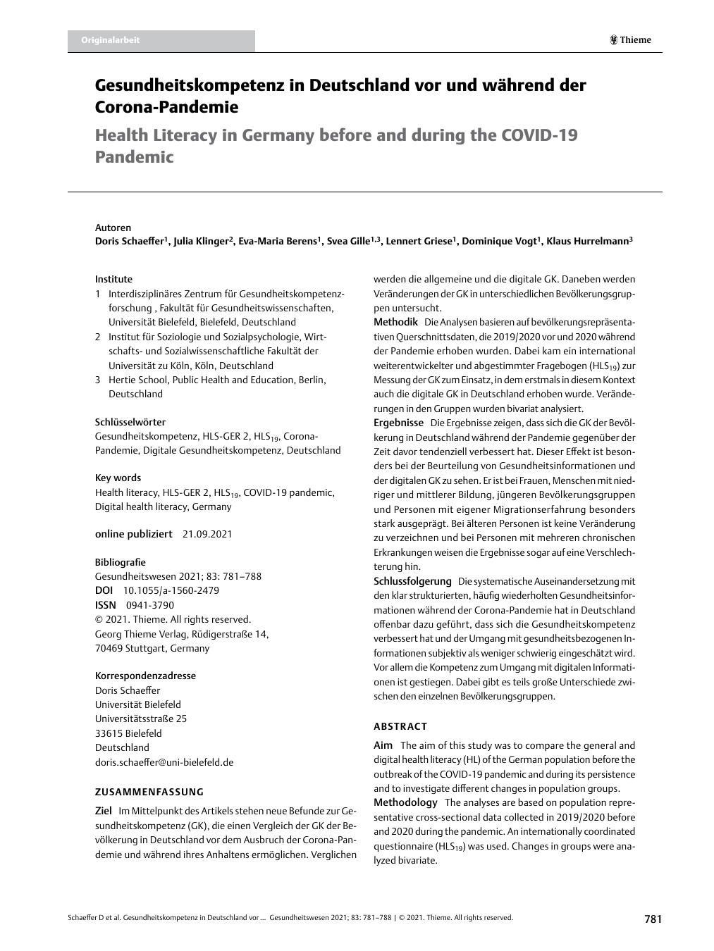 Vorschauseite 1: Gesundheitskompetenz in Deutschland vor und während der Corona-Pandemie