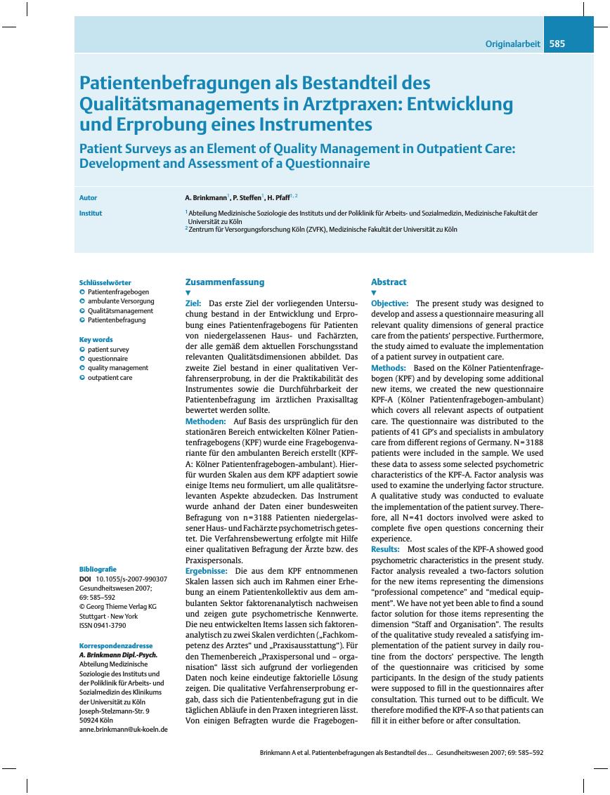 Vorschauseite 1: Patientenbefragungen als Bestandteil des Qualitätsmanagements in Arztpraxen: Entwicklung und Erprobung eines Instrumentes