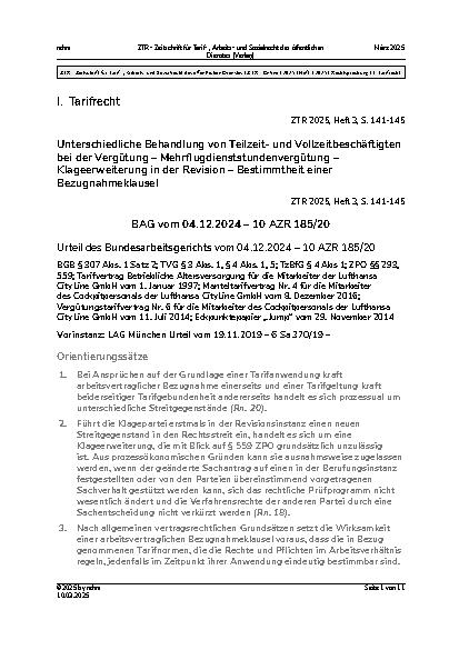 Vorschauseite 1: Unterschiedliche Behandlung von Teilzeitund Vollzeitbeschäftigten bei der Vergütung – Mehrflugdienststundenvergütung – Klageerweiterung in der Revision – Bestimmtheit einer Bezugn…