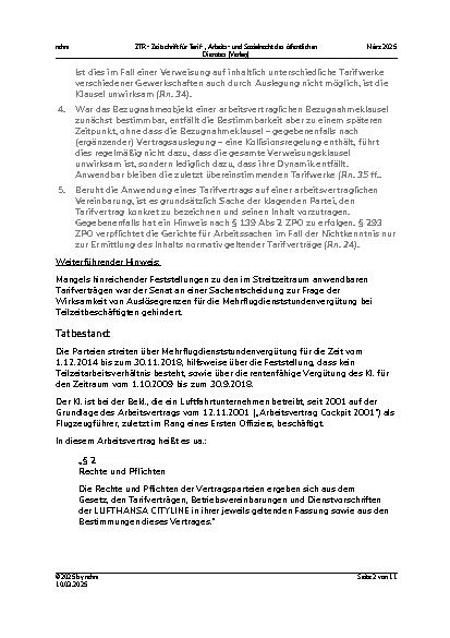 Vorschauseite 2: Unterschiedliche Behandlung von Teilzeitund Vollzeitbeschäftigten bei der Vergütung – Mehrflugdienststundenvergütung – Klageerweiterung in der Revision – Bestimmtheit einer Bezugn…