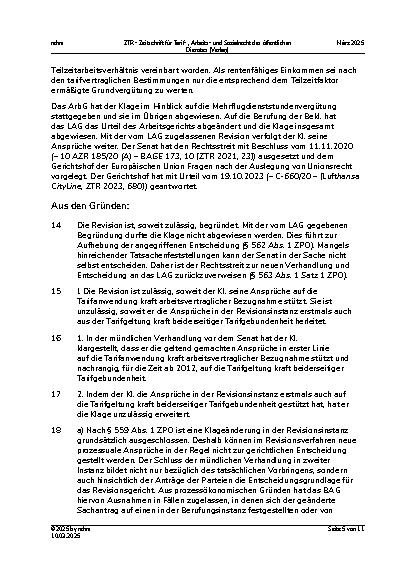 Vorschauseite 5: Unterschiedliche Behandlung von Teilzeitund Vollzeitbeschäftigten bei der Vergütung – Mehrflugdienststundenvergütung – Klageerweiterung in der Revision – Bestimmtheit einer Bezugn…