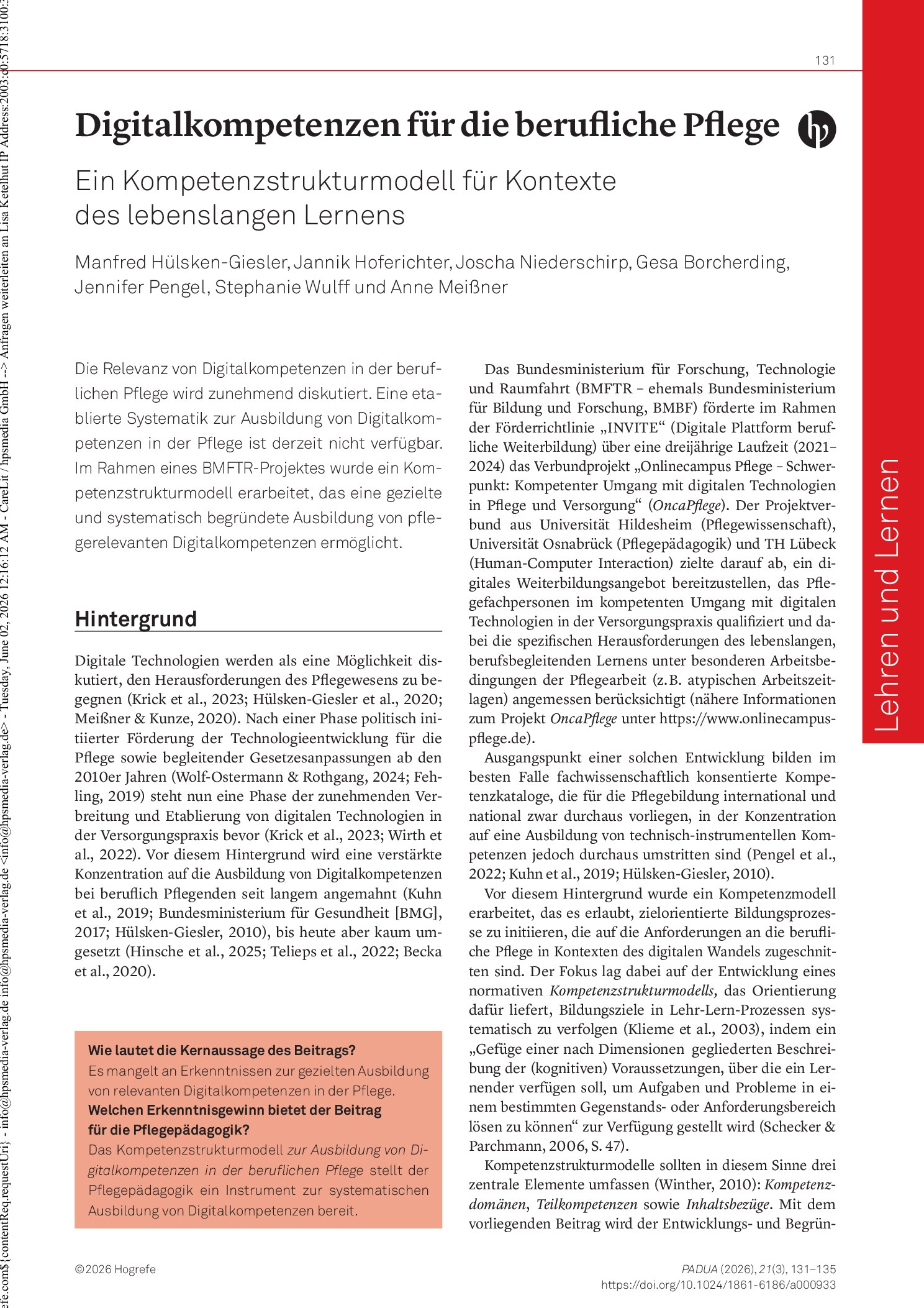 Vorschauseite 1: Digitalkompetenzen für die berufliche Pflege. Ein Kompetenzstrukturmodell für Kontexte des lebenslangen Lernens