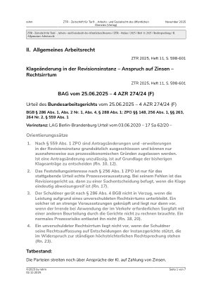 Vorschauseite 1: II. Allgemeines Arbeitsrecht Klageänderung in der Revisionsinstanz – Anspruch auf Zinsen – Rechtsirrtum