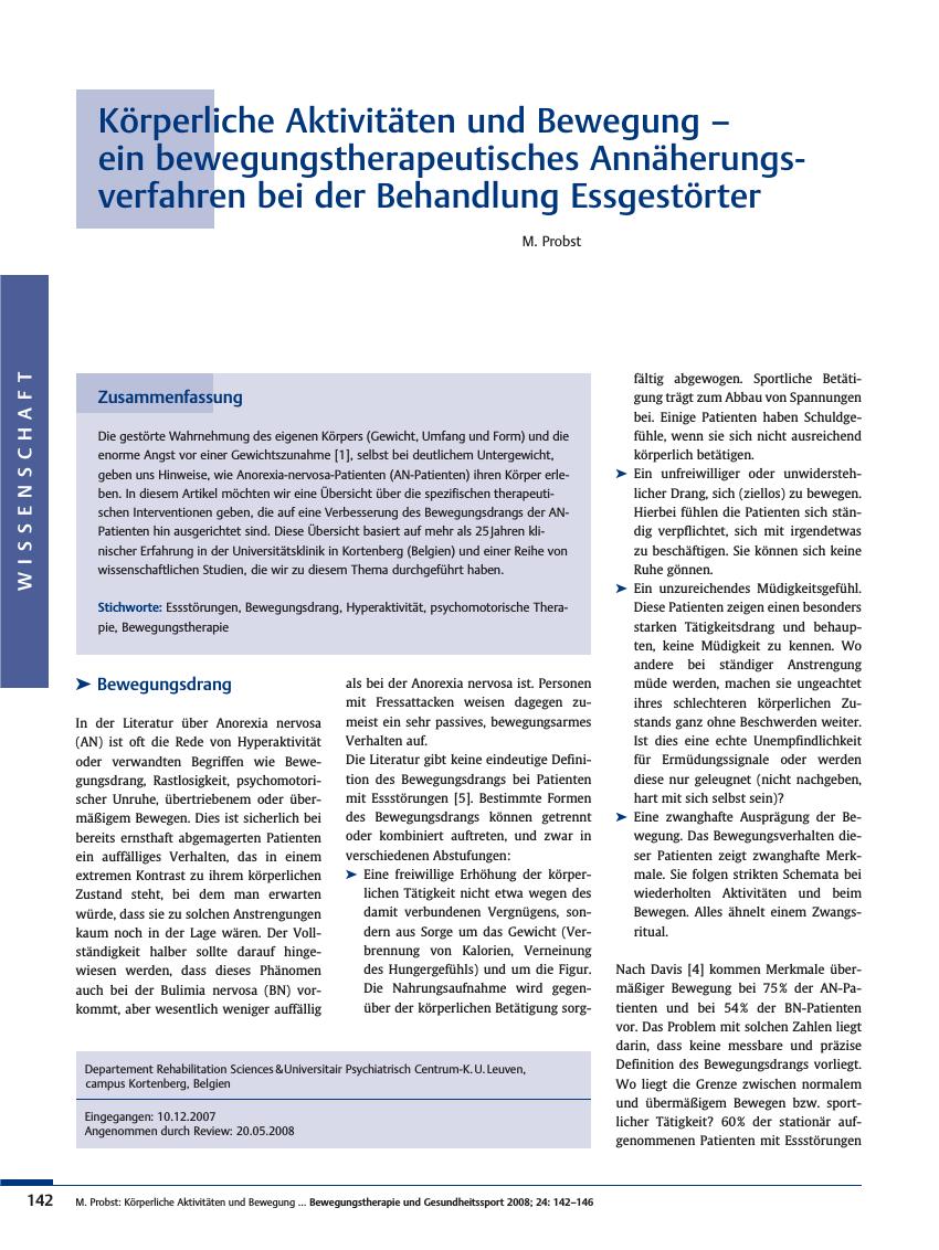 Vorschauseite 1: Körperliche Aktivitäten und Bewegung – ein bewegungstherapeutisches Annäherungsverfahren bei der Behandlung Essgestörter
