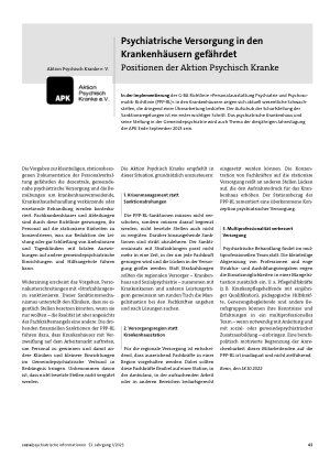 Vorschauseite 1: Psychiatrische Versorgung in den Krankenhäusern gefährdet. Positionen der Aktion Psychisch Kranke