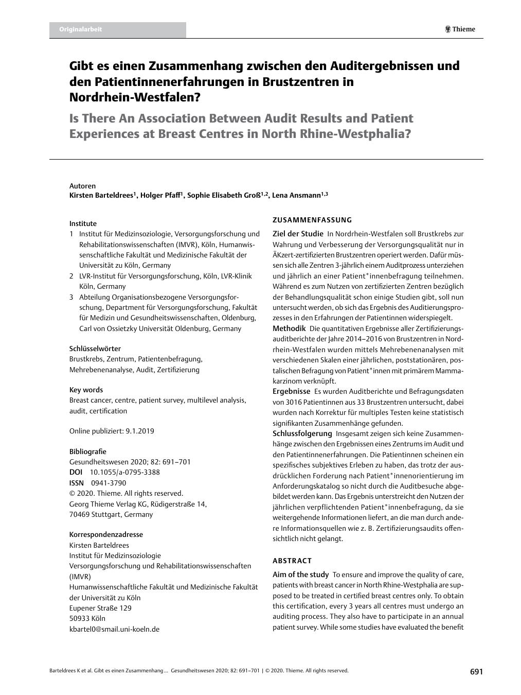 Vorschauseite 1: Gibt es einen Zusammenhang zwischen den Auditergebnissen und den Patientinnenerfahrungen in Brustzentren in Nordrhein-Westfalen?