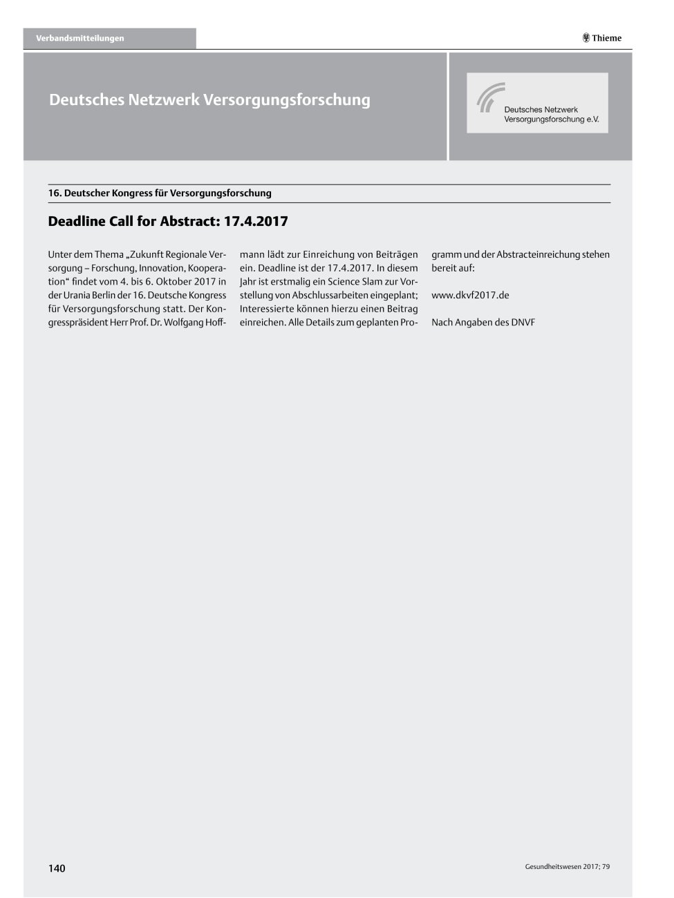Vorschauseite 1: Deadline Call for Abstract: 17.4.2017