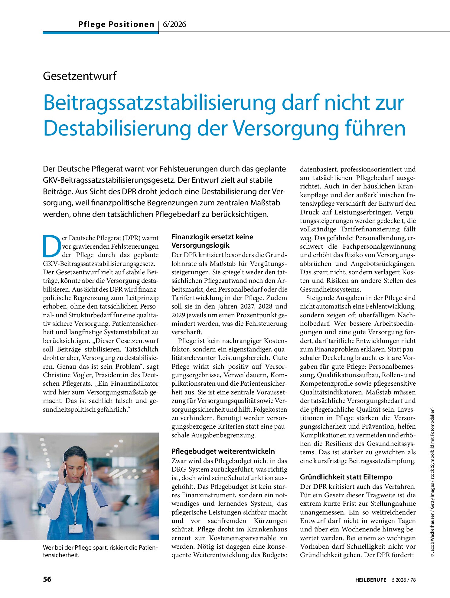 Vorschauseite 1: Gesetzentwurf Beitragssatzstabilisierung darf nicht zur Destabilisierung der Versorgung führen