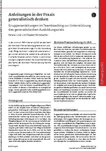 Vorschauseite 1: Anleitungen in der Praxis generalistisch denken Gruppenanleitungen im Teamteaching zur Unterstützung des generalistischen Ausbildungsziels