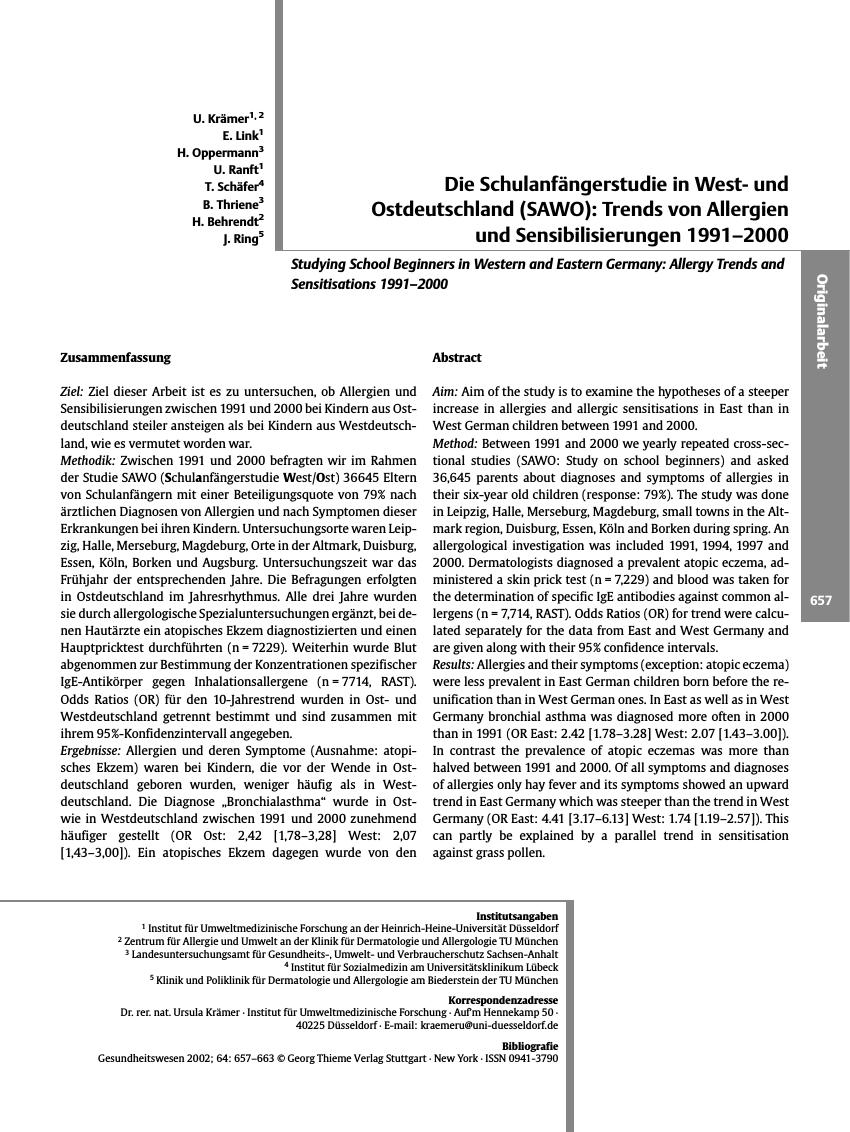 Vorschauseite 1: Die Schulanfängerstudie in Westund Ostdeutschland (SAWO): Trends von Allergien und Sensibilisierungen 1991-2000