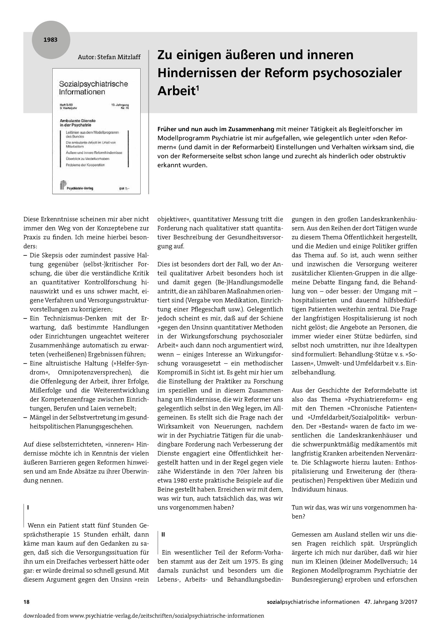 Vorschauseite 1: Zu einigen äußeren und inneren Hindernissen der Reform psychosozialer Arbeit