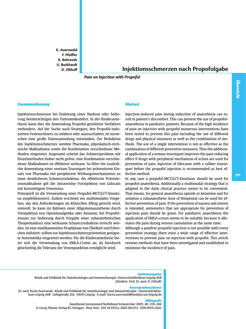 Vorschauseite 1: Injektionsschmerzen nach Propofolgabe