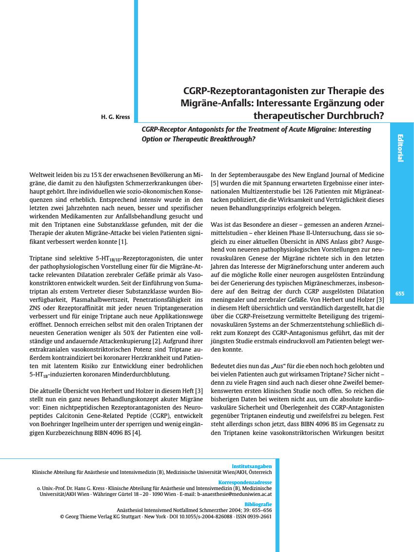 Vorschauseite 1: CGRP-Rezeptorantagonisten zur Therapie des Migräne-Anfalls: Interessante Ergänzung oder therapeutischer Durchbruch?