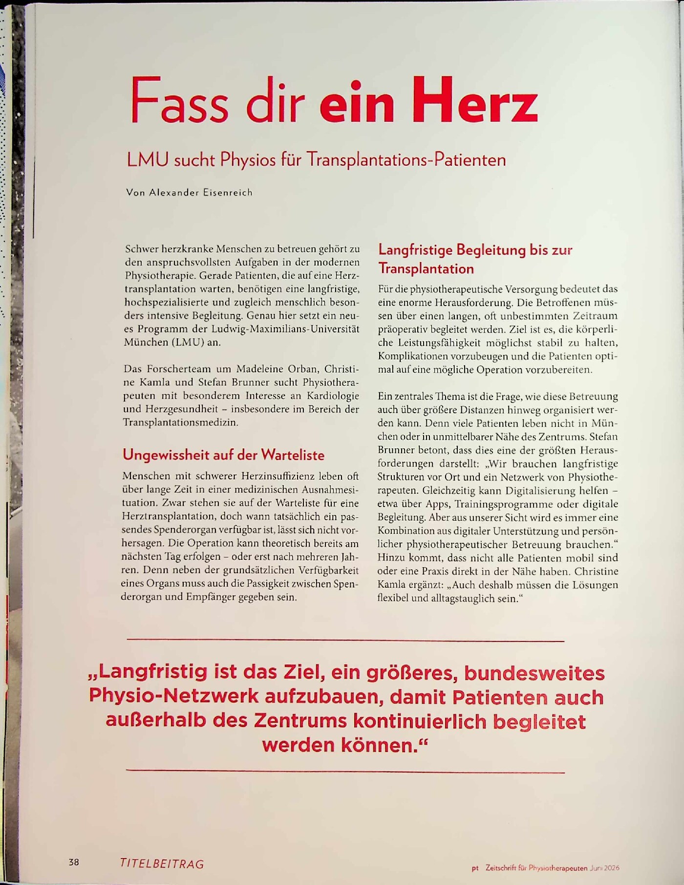 Vorschauseite 1: Fass dir ein Herz. LMU sucht Physios für Transplantations-Patienten