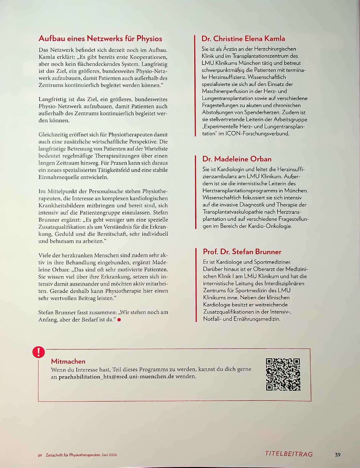 Vorschauseite 2: Fass dir ein Herz. LMU sucht Physios für Transplantations-Patienten