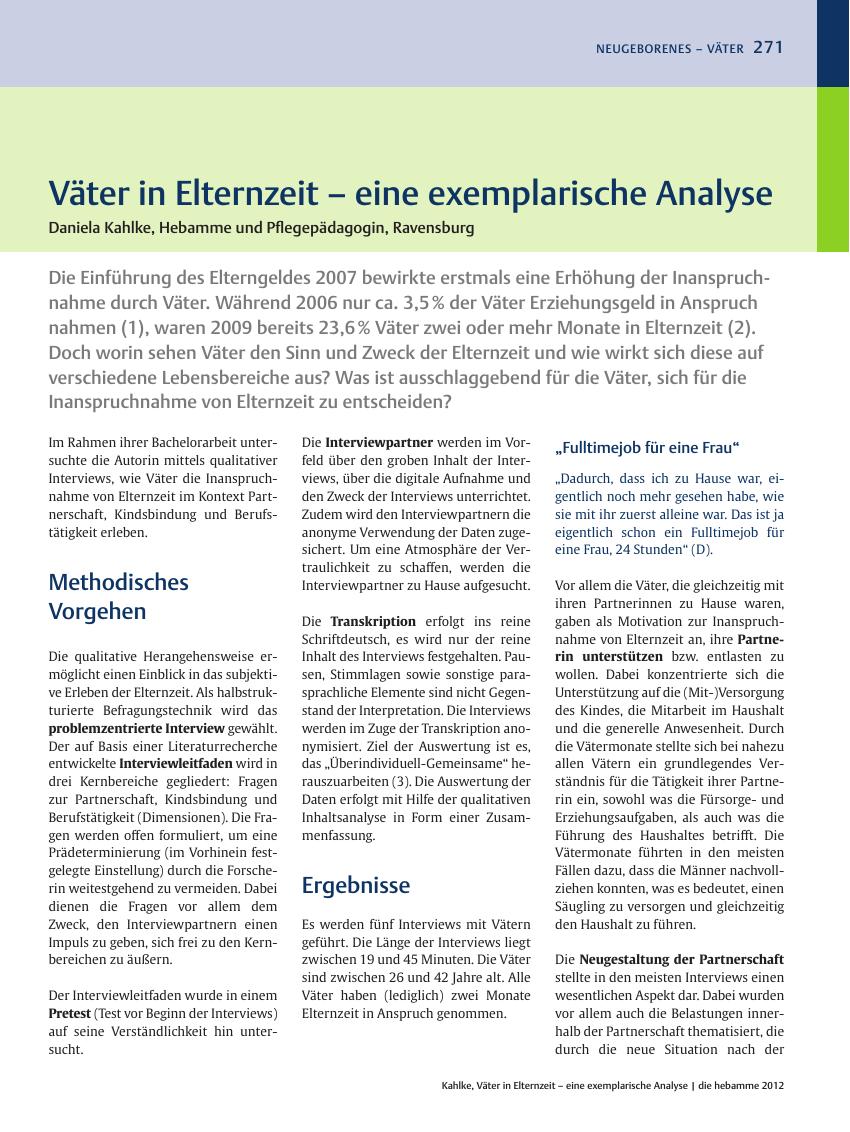 Vorschauseite 1: Väter in Elternzeit ? eine exemplarische Analyse