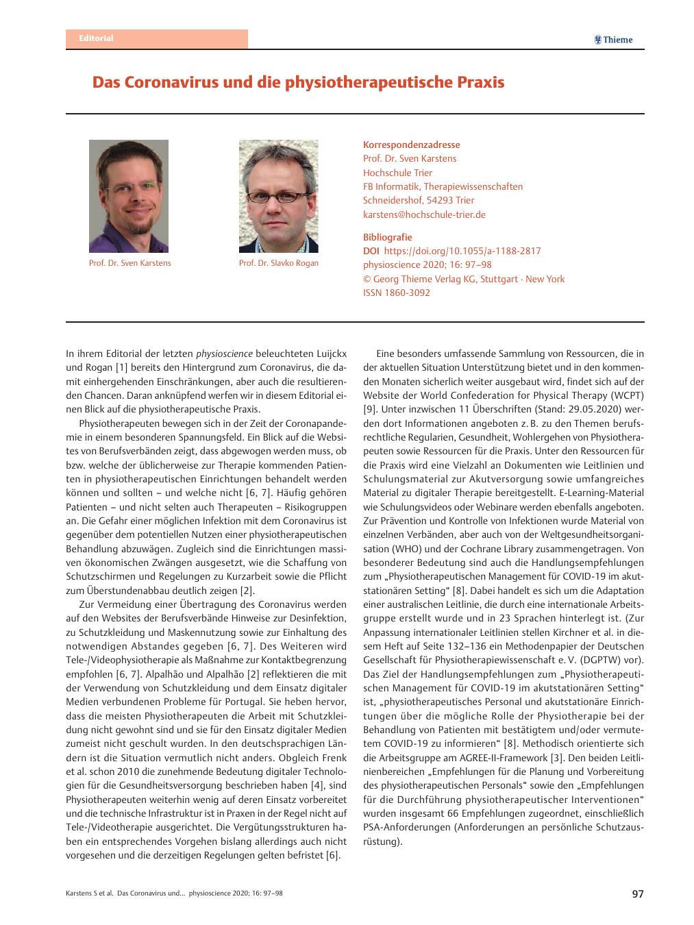 Vorschauseite 1: Das Coronavirus und die physiotherapeutische Praxis