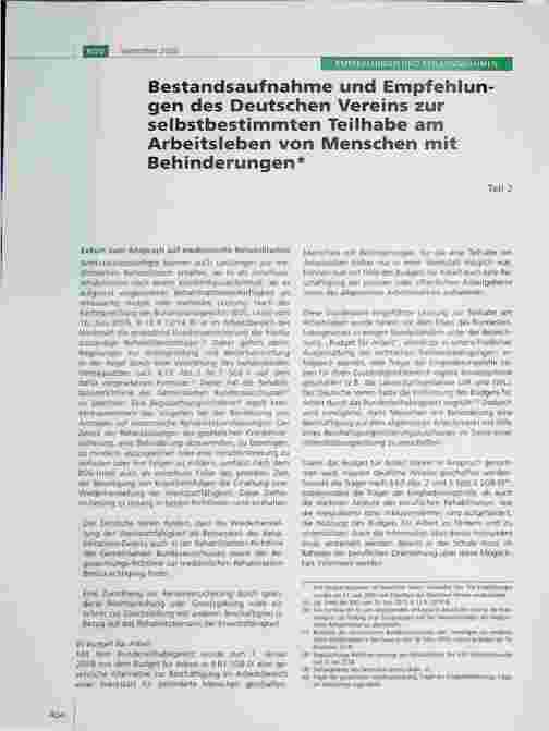 Vorschauseite 1: Bestandsaufnahme und Empfehlungen des Deutschen Vereins zur selbstbestimmten Teilhabe am Arbeitsleben von Menschen mit Behinderungen.