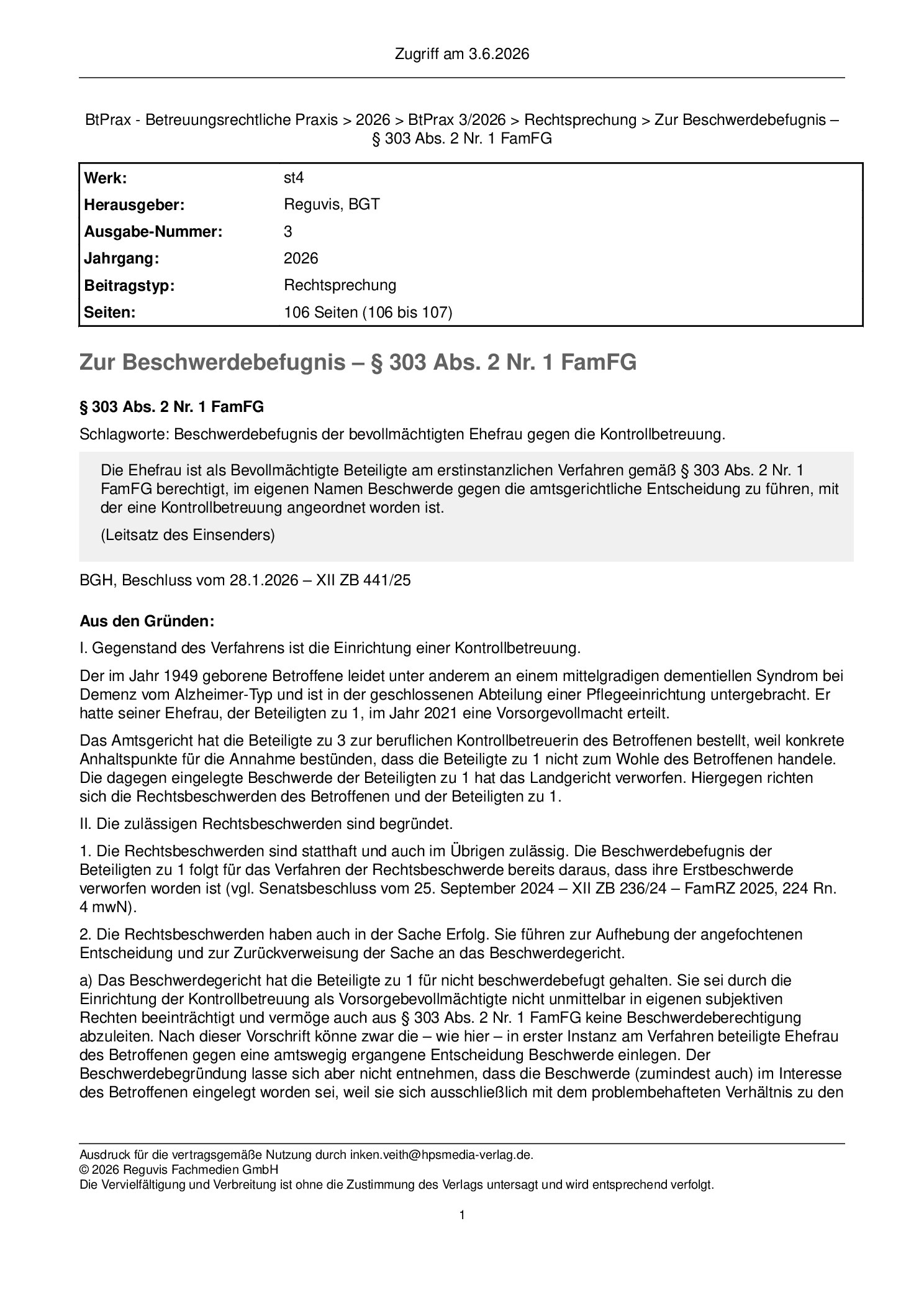 Vorschauseite 1: Zur Beschwerdebefugnis – § 303 Abs. 2 Nr. 1 FamFG