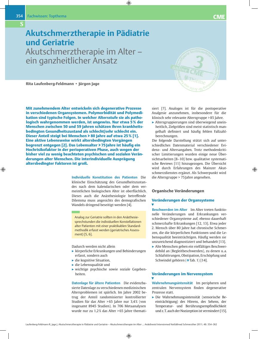 Vorschauseite 1: Akutschmerztherapie in Pädiatrie und Geriatrie – Akutschmerztherapie im Alter – ein ganzheitlicher Ansatz
