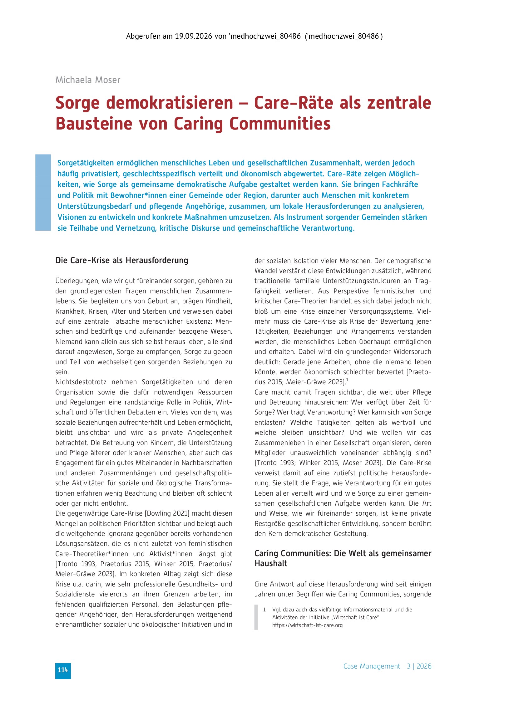 Vorschauseite 1: Sorge demokratisieren – Care-Räte als zentrale Bausteine von Caring Communities