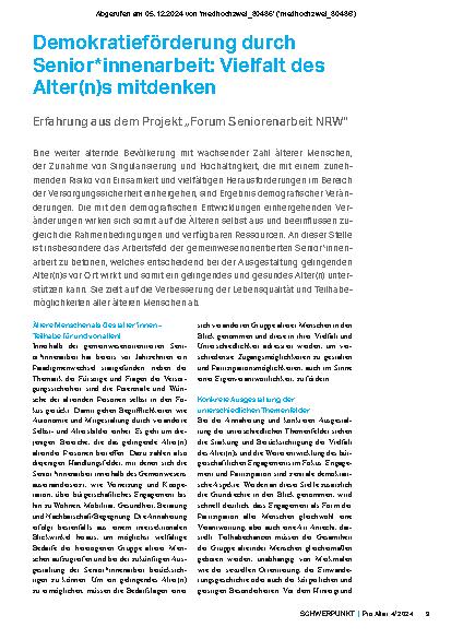 Vorschauseite 1: Demokratieförderung durch Seniorenarbeit: Vielfalt des Alterns mitdenken