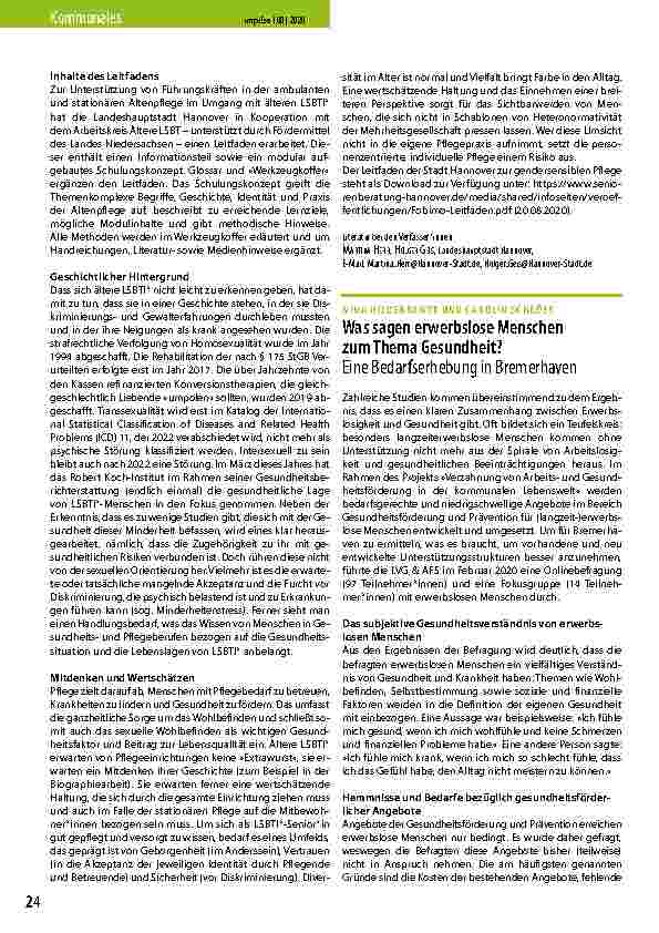 Vorschauseite 1: Was sagen erwerbslose Menschen zum Thema Gesundheit? Eine Bedarfserhebung in Bremerhaven.