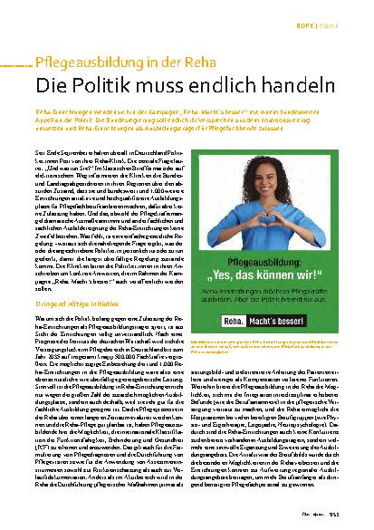 Vorschauseite 1: Pflegeausbildung in der Reha. Die Politik muss endlich handeln.