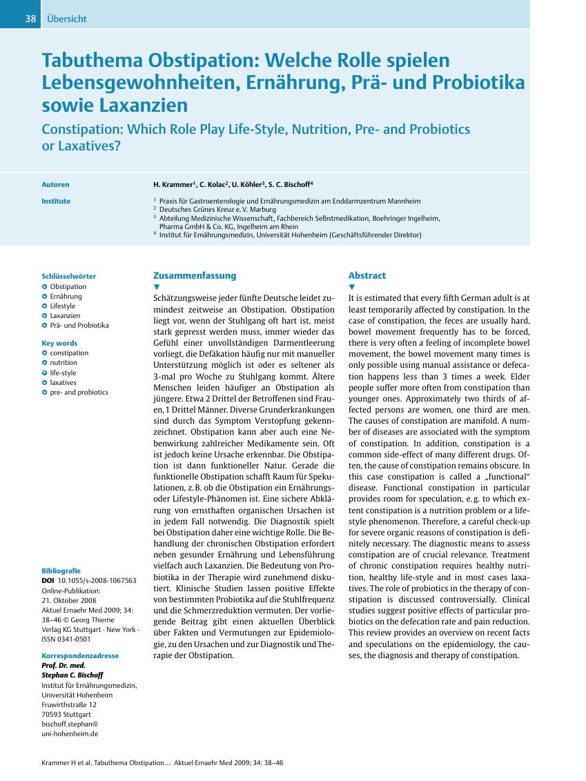 Vorschauseite 1: Tabuthema Obstipation: Welche Rolle spielen Lebensgewohnheiten, Ernährung, Präund Probiotika sowie Laxanzien