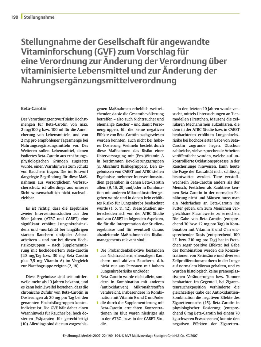 Vorschauseite 1: Stellungnahme der Gesellschaft für angewandte Vitaminforschung (GVF) zum Vorschlag für eine Verordnung zur Änderung der Verordnung über vitaminisierte Lebensmittel und zur Änderun…