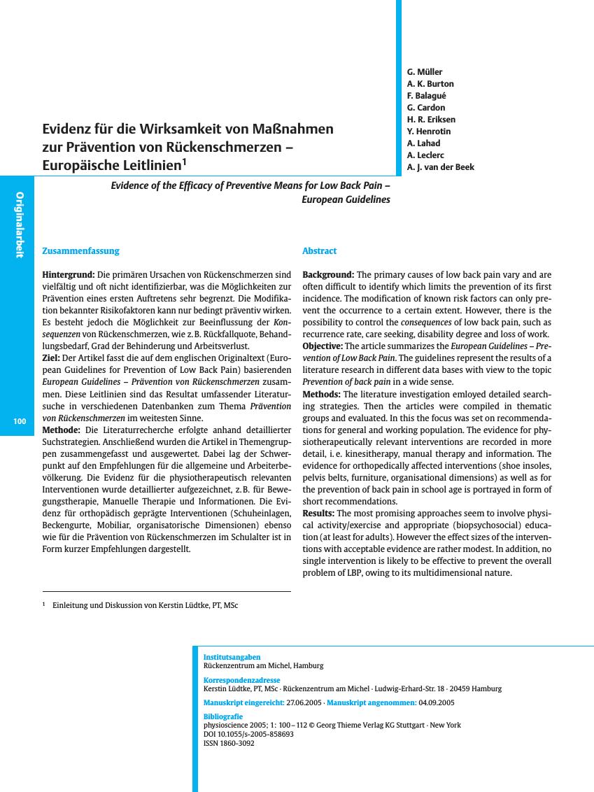 Vorschauseite 1: Evidenz für die Wirksamkeit von Maßnahmen zur Prävention von Rückenschmerzen - Europäische Leitlinien