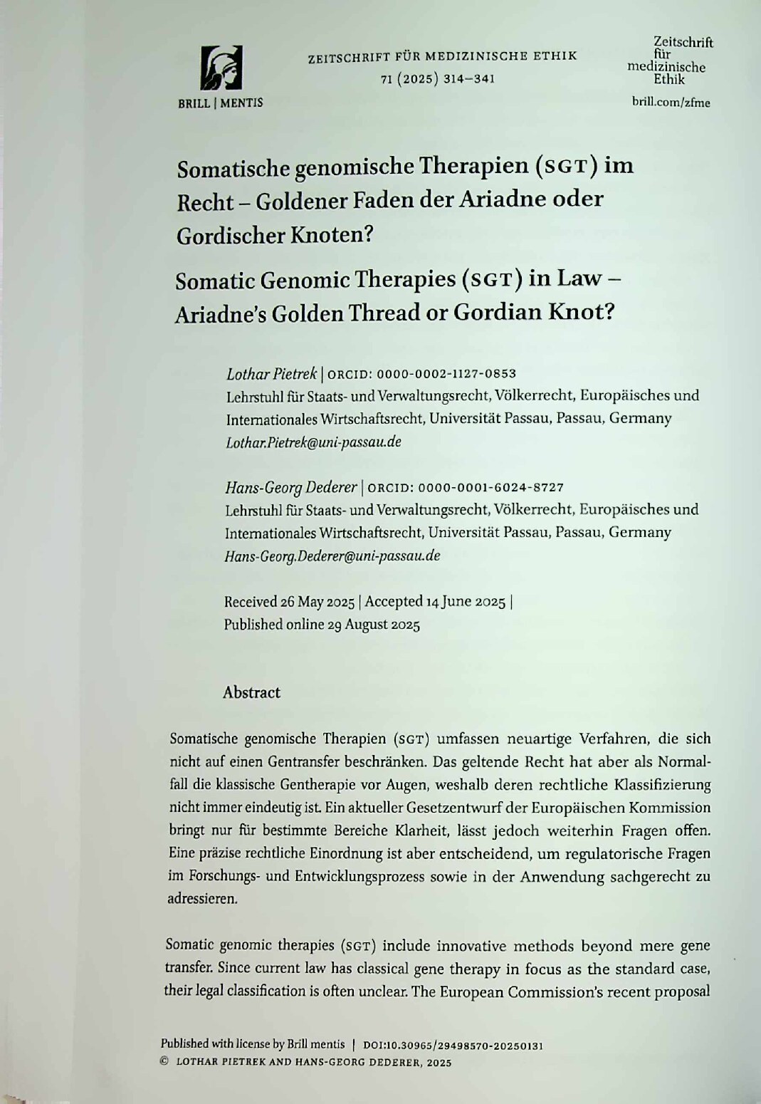 Vorschauseite 1: Somatische genomische Therapien (sgt) im Recht – Goldener Faden der Ariadne oder gordischer Knoten?