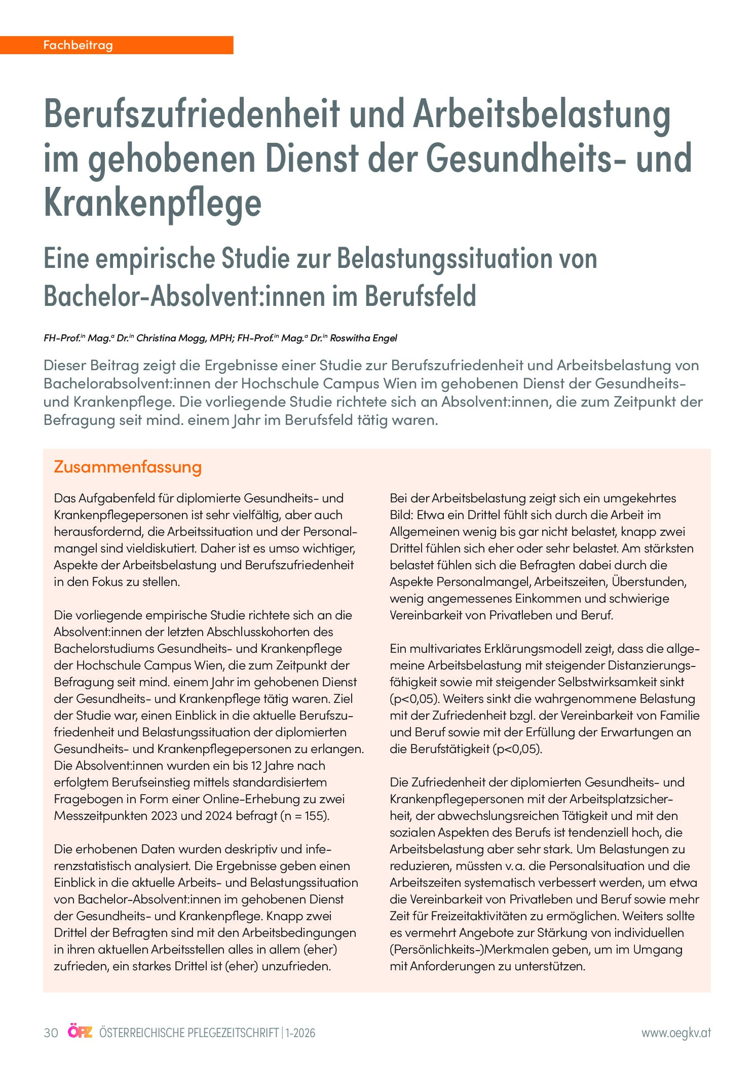 Vorschauseite 1: Berufszufriedenheit und Arbeitsbelastung im gehobenen Dienst der Gesundheits- und Krankenpflege