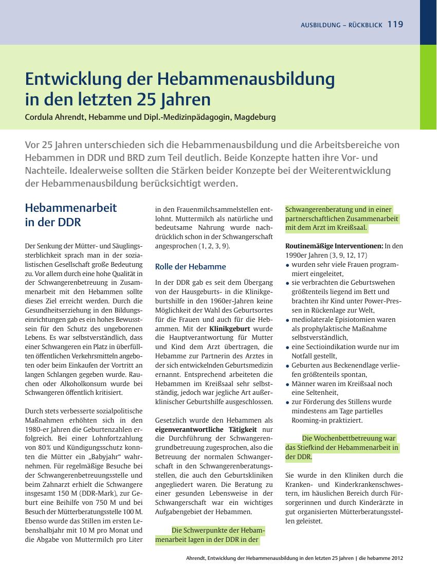 Vorschauseite 1: Entwicklung der Hebammenausbildung in den letzten 25 Jahren