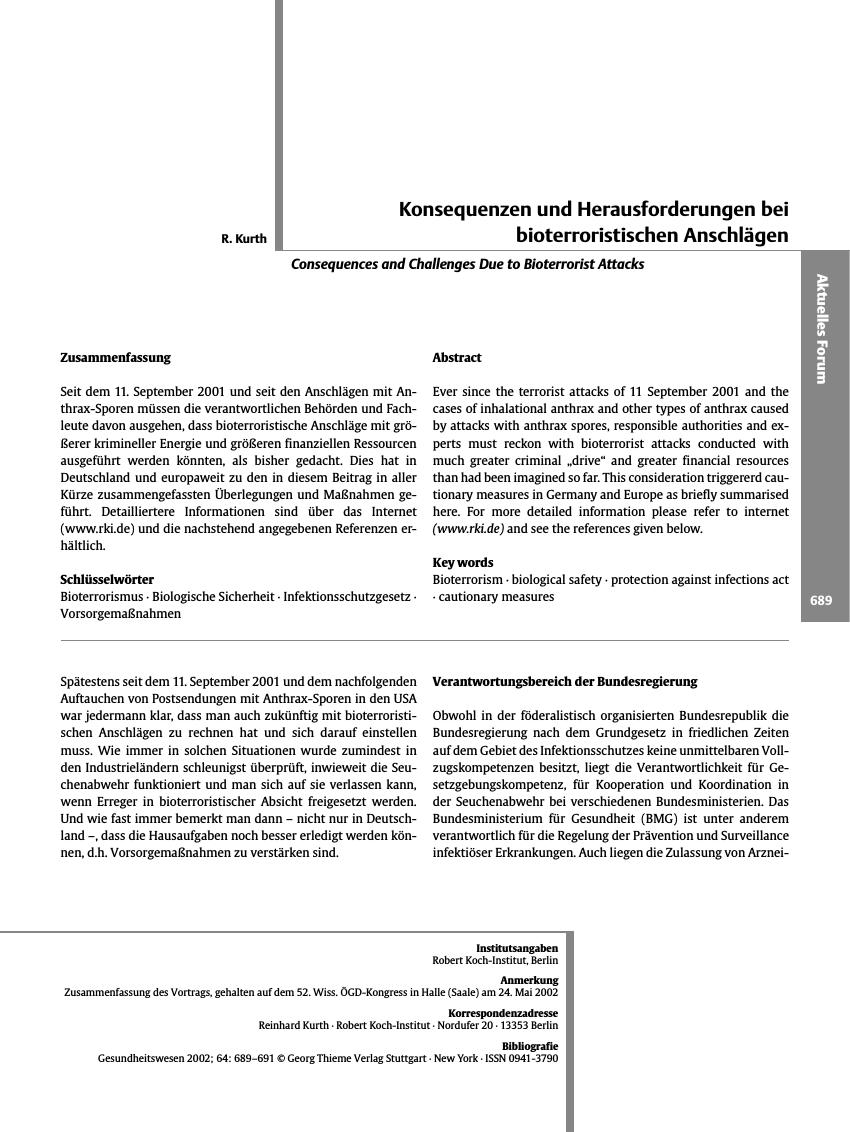 Vorschauseite 1: Konsequenzen und Herausforderungen bei bioterroristischen Anschlägen