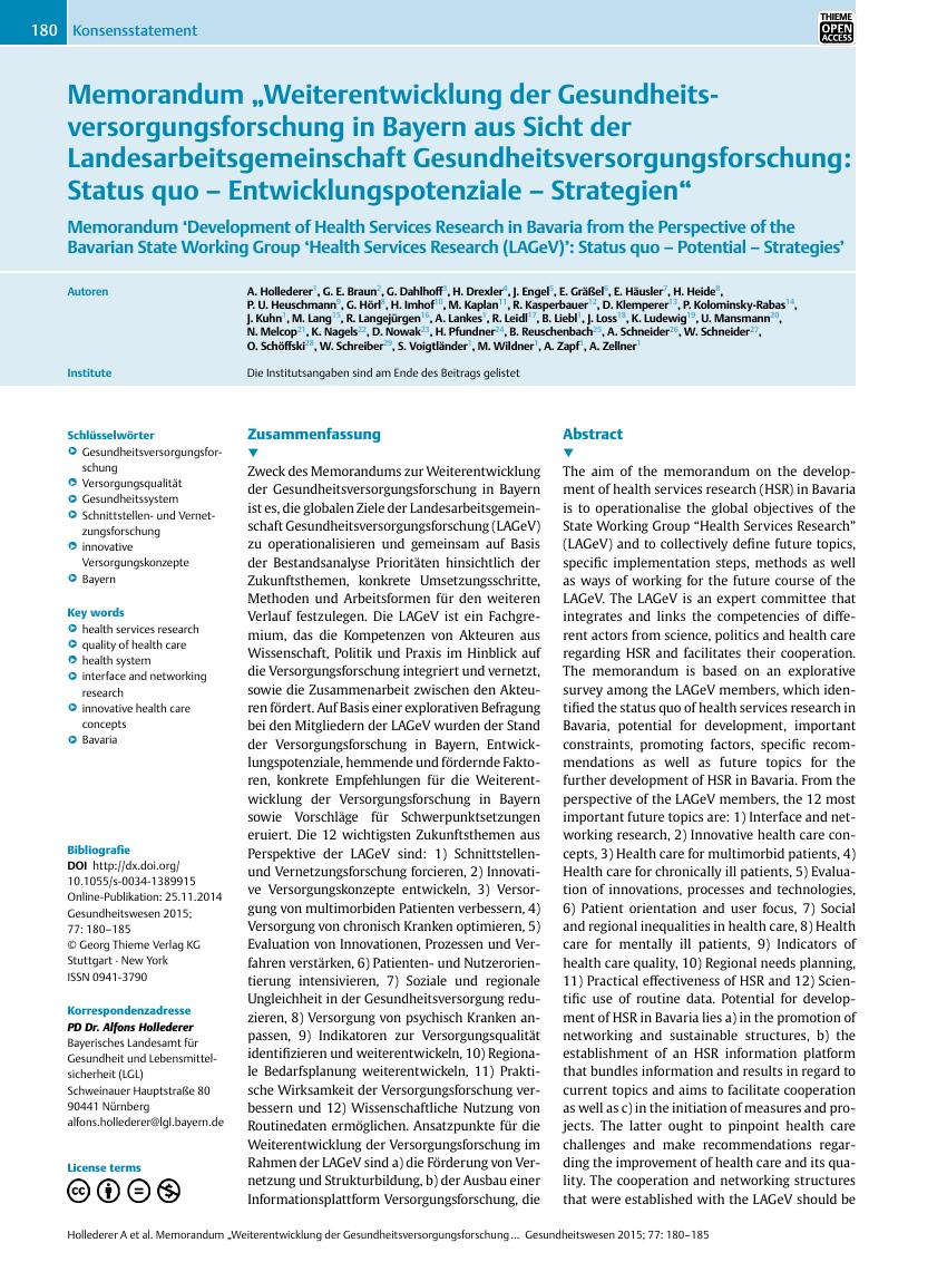 Vorschauseite 1: Memorandum ?Weiterentwicklung der Gesundheitsversorgungsforschung in Bayern aus Sicht der Landesarbeitsgemeinschaft Gesundheitsversorgungsforschung: Status quo ? Entwicklungspoten…