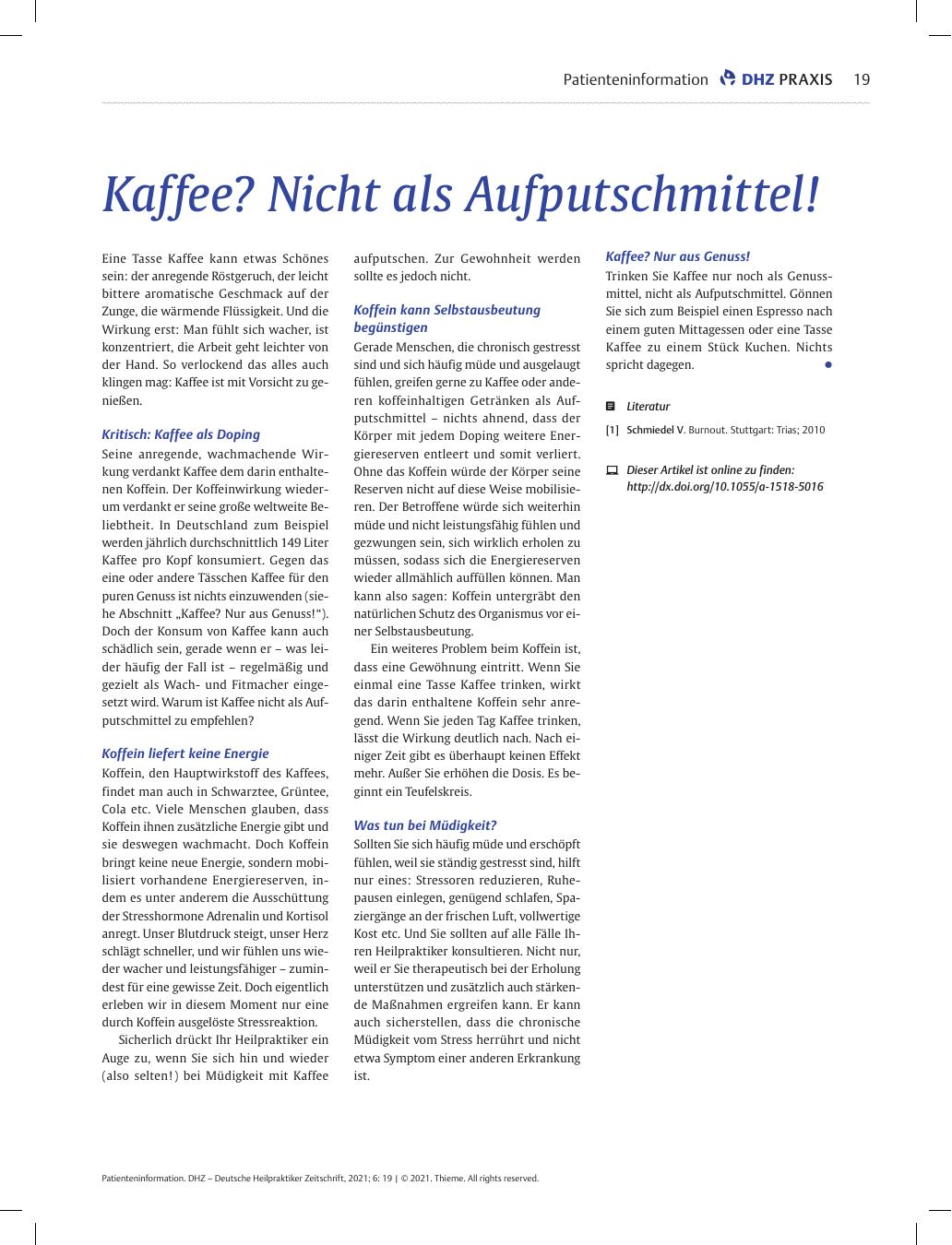 Vorschauseite 1: Kaffee? Nicht als Aufputschmittel!