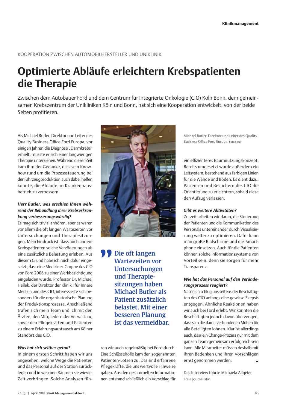 Vorschauseite 1: Kooperation zwischen Automobilhersteller und Uniklinik: Optimierte Abläufe erleichtern Krebspatienten die Therapie