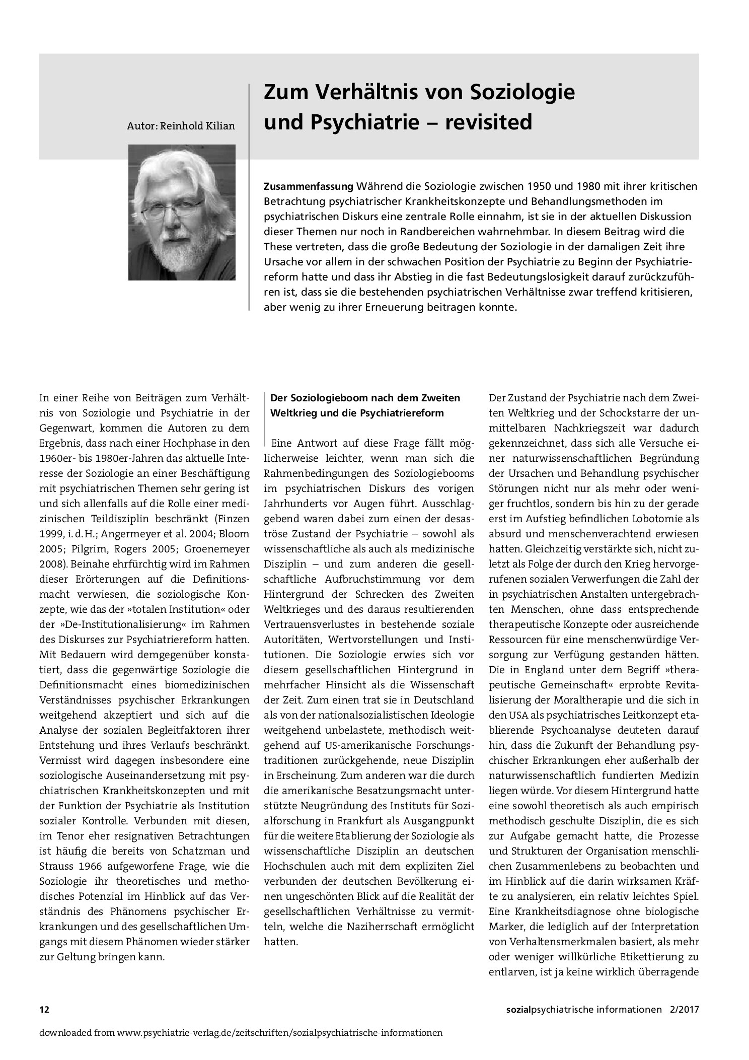 Vorschauseite 1: Zum Verhältnis von Soziologie und Psychiatrie – revisited