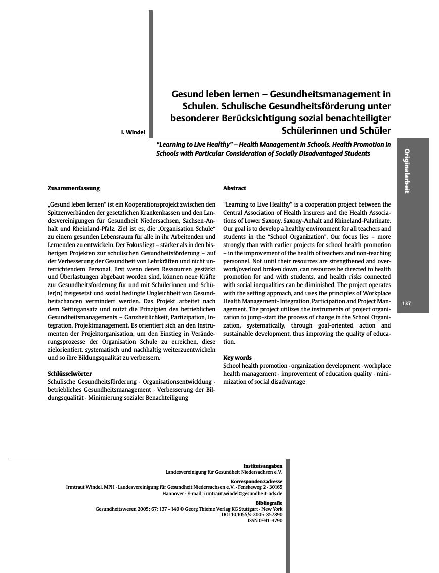 Vorschauseite 1: Gesund leben lernen - Gesundheitsmanagement in Schulen. Schulische Gesundheitsförderung unter besonderer Berücksichtigung sozial benachteiligter Schülerinnen und Schüler