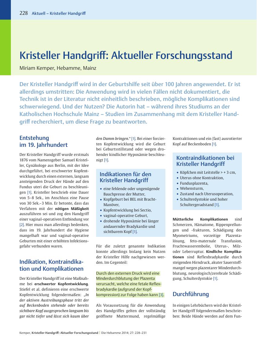 Vorschauseite 1: Kristeller Handgriff: Aktueller Forschungsstand