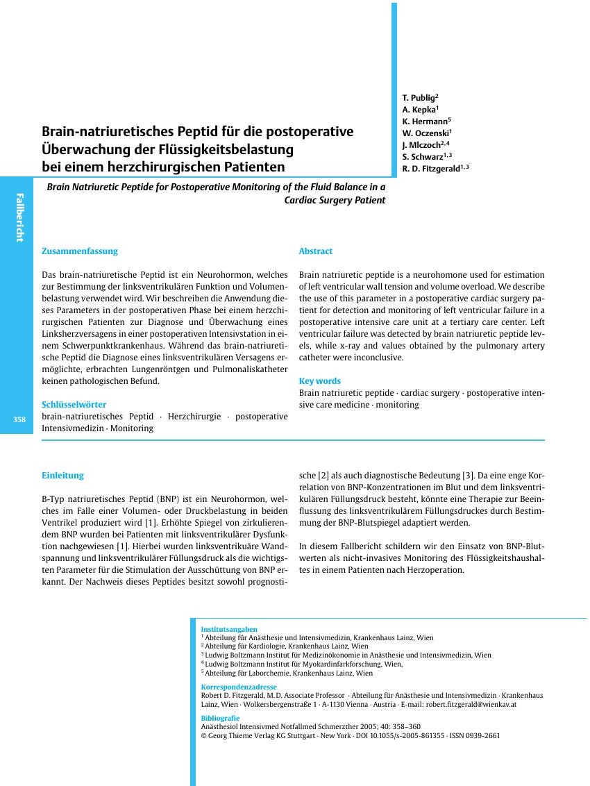 Vorschauseite 1: Brain-natriuretisches Peptid für die postoperative Überwachung der Flüssigkeitsbelastung bei einem herzchirurgischen Patienten