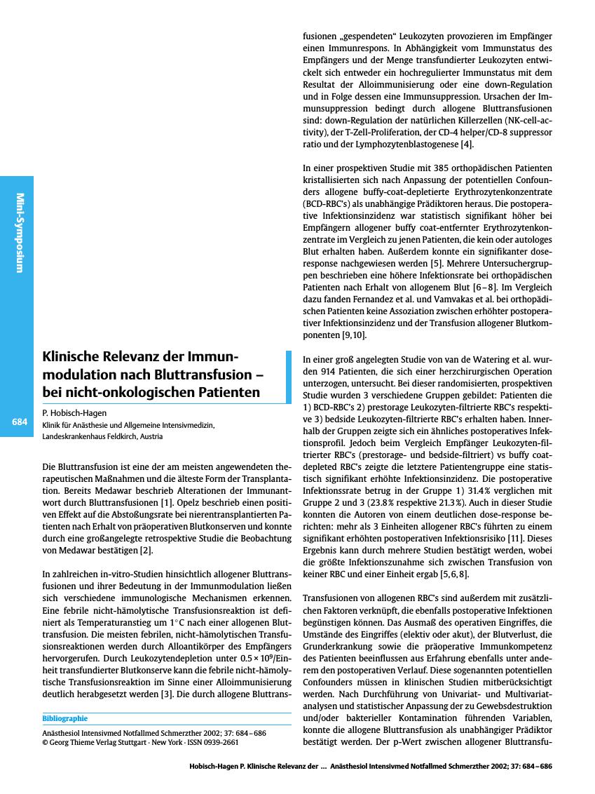 Vorschauseite 1: Klinische Relevanz der Immunmodulation nach Bluttransfusion - bei nicht-onkologischen Patienten