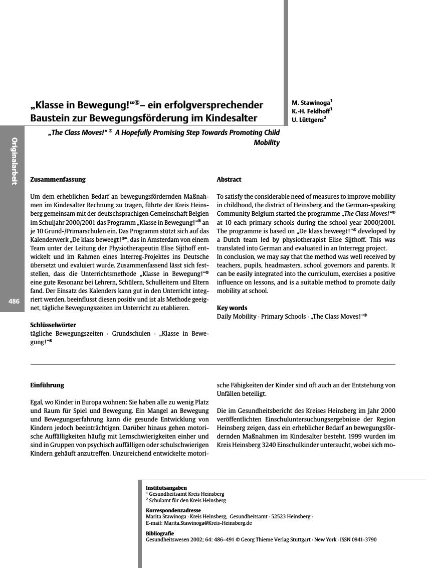 Vorschauseite 1: ? Klasse in Bewegung! ?®- ein erfolgversprechender Baustein zur Bewegungsförderung im Kindesalter