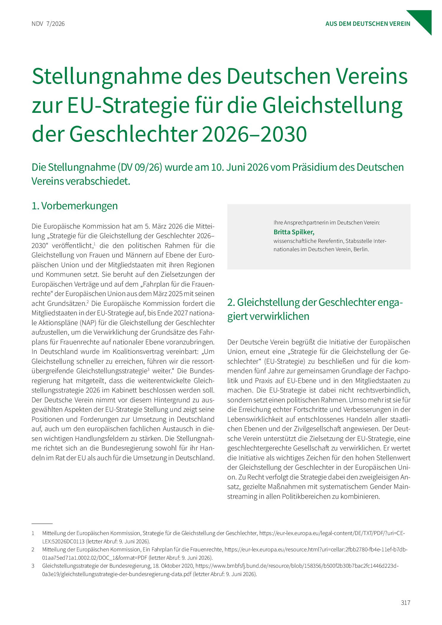 Vorschauseite 1: Stellungnahme des Deutschen Vereins zur EU-Strategie für die Gleichstellung der Geschlechter 2026–2030