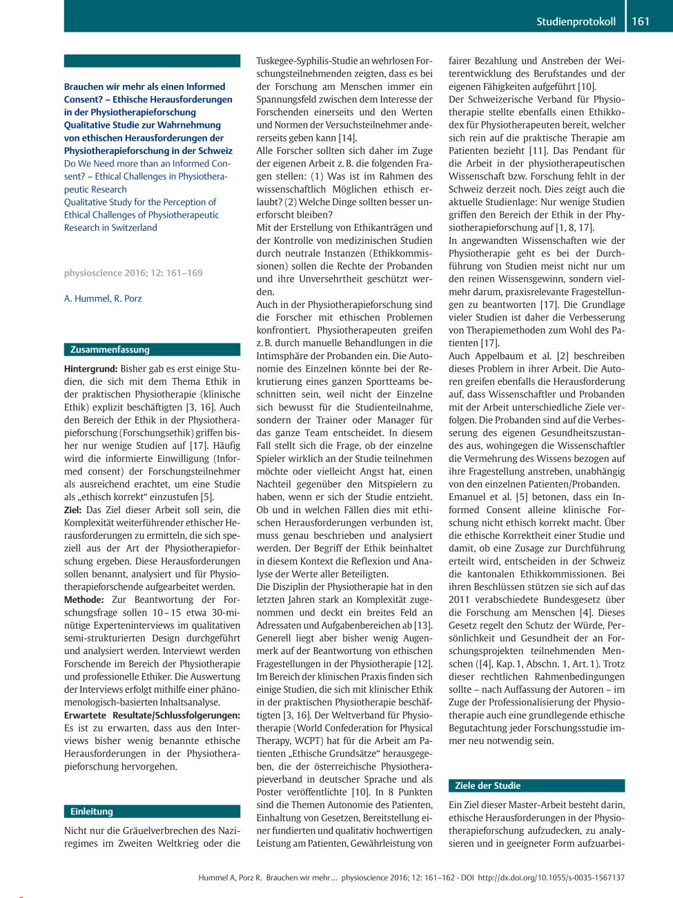 Vorschauseite 1: Brauchen wir mehr als einen Informed Consent? ? Ethische Herausforderungen in der PhysiotherapieforschungQualitative Studie zur Wahrnehmung von ethischen Herausforderungen der Phy…
