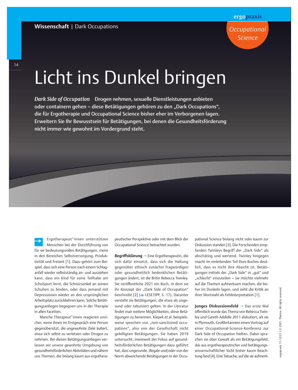 Vorschauseite 1: Licht ins Dunkel bringen? Dark Side of Occupation